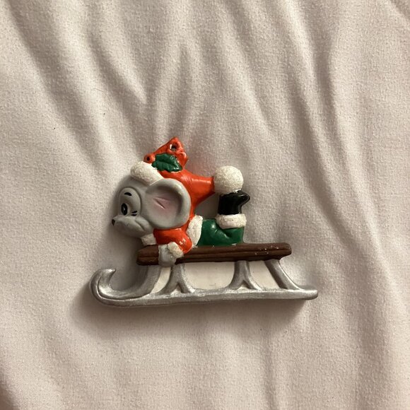 Vintage Other - Vintage Ceramic Gray Mouse On Sled Red Green Holly Christmas‎ Holiday Winter